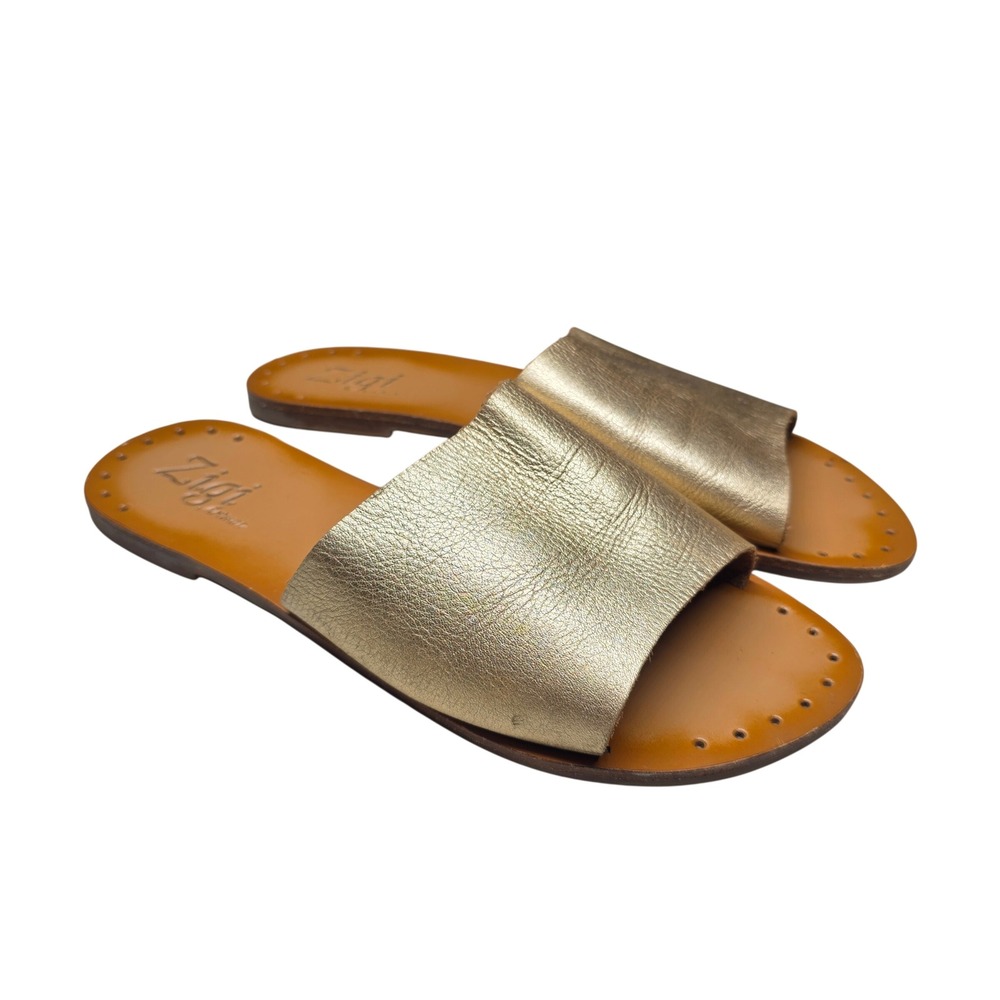 Zigi Artisan Gold Leather Slide Sandals Women 9 Handcrafted Brazil Metallic Flat